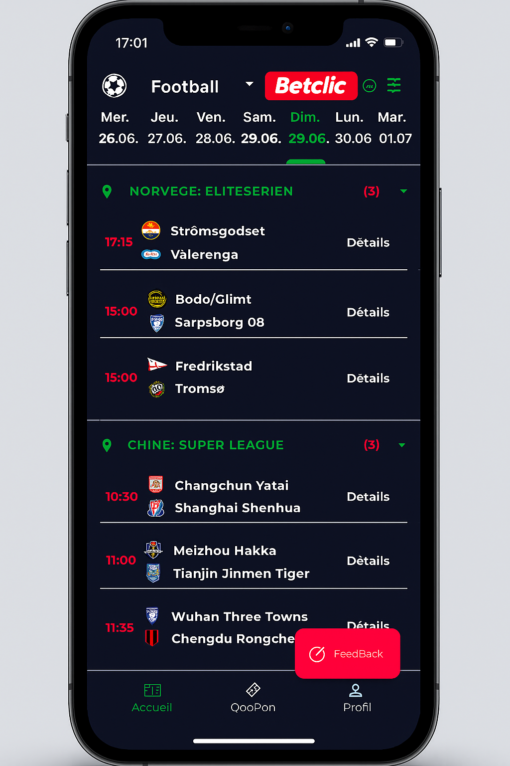 Interface de l'application QooPon montrant les analyses de paris sportifs et les pronostics IA